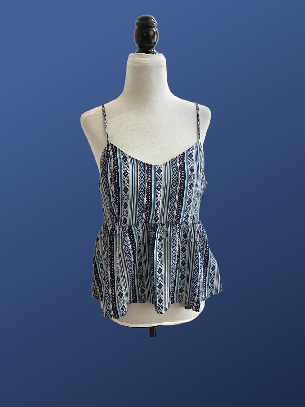 Forever 21 Blue Geometric Peplum Tank Top Size L Adjustable Straps